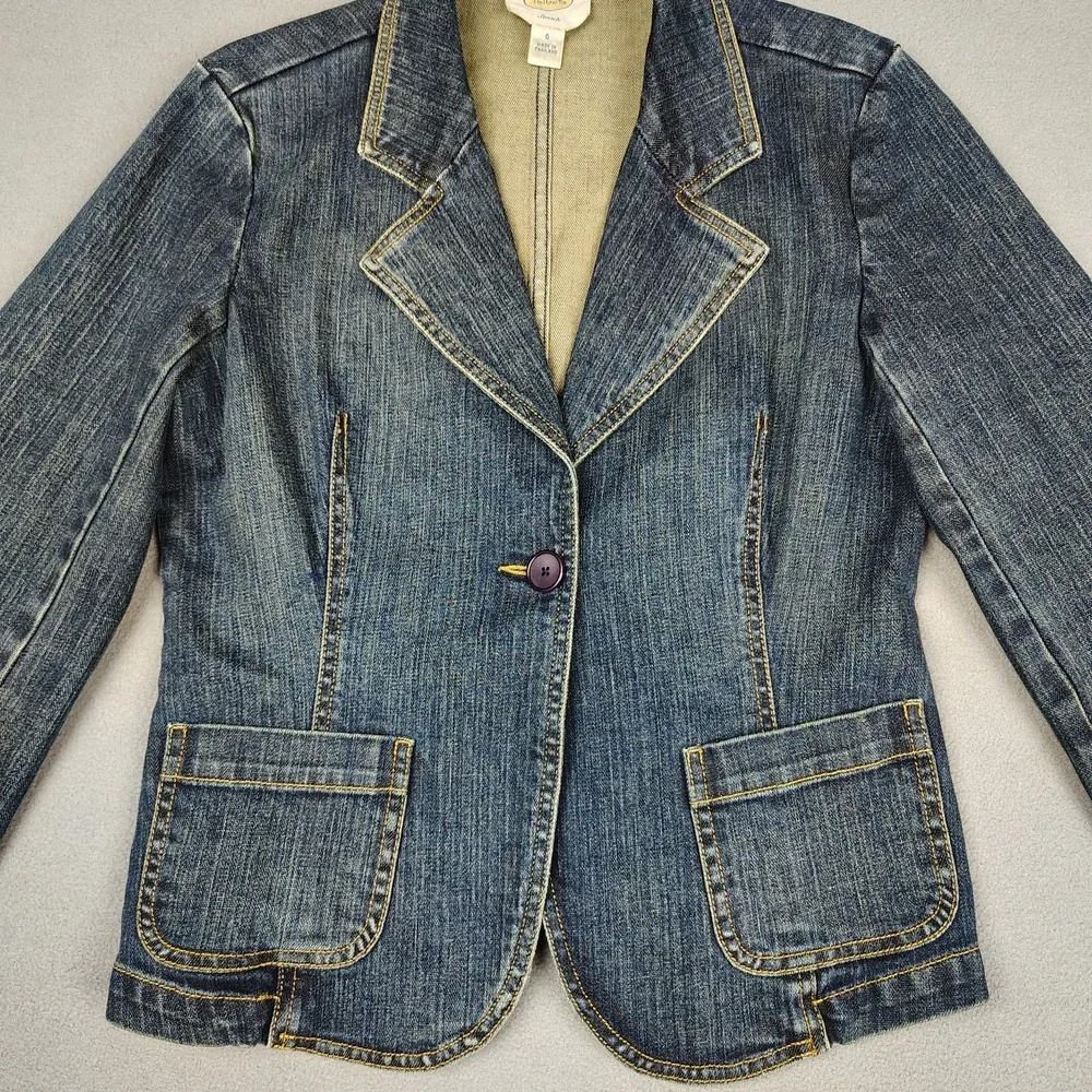 Talbots Denim Jean Jacket Women 6 Dark Blue Stretch Single Button Classy Casual‎